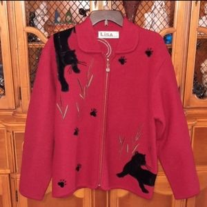 Lisa International Red Wool Jacket Black Leopard Embroidered Beaded Sz Large